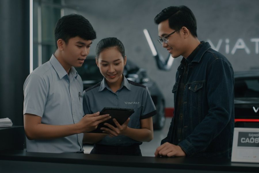 Cố vấn dịch vụ VinFast trao đổi lịch bảo dưỡng với khách hàng