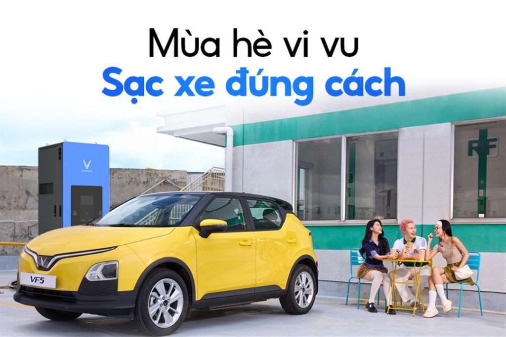 VinFast VF 5 màu vàng đang sạc tại trạm V-Green